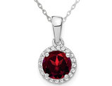 1.50 Carat (ctw) Garnet Halo Pendant Necklace in 14K White Gold with Chain and Diamonds